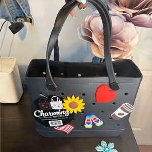 Bogg Style Charming! BlackRubber Tote Bag with Decorative Charms/Waterproof